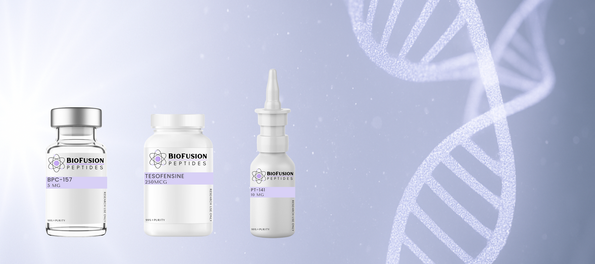 BioFusion Peptides products displayed in research vial, capsule, and spray formats, set against a DNA-themed background representing scientific advancement.