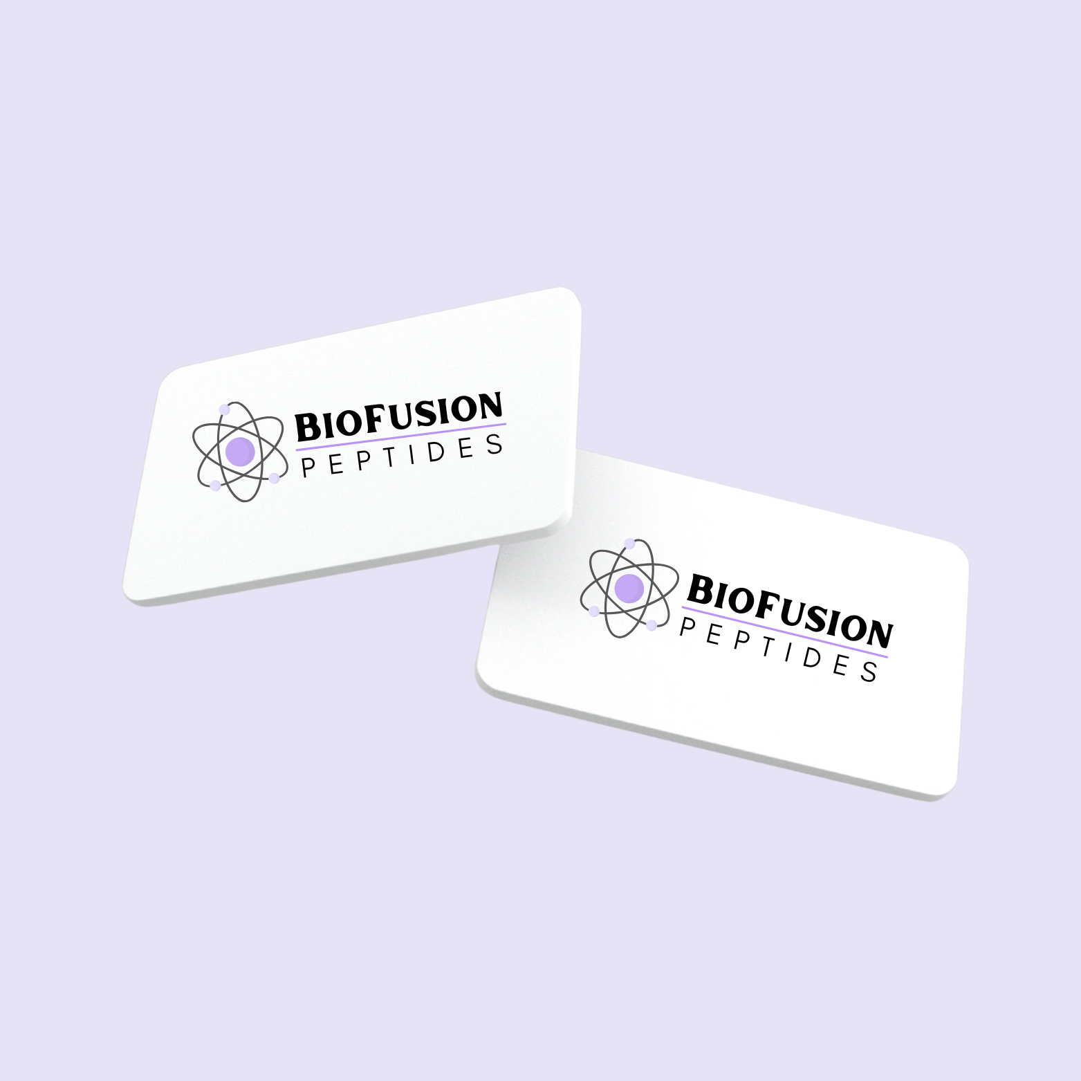 Two BioFusion Peptides membership cards on a light purple background, symbolizing exclusive access to member-only research benefits and offers.