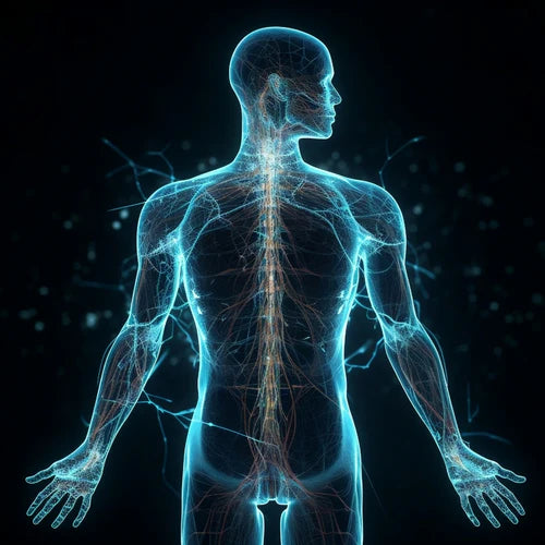 Digital illustration of a human body with highlighted nervous and circulatory systems, symbolizing rejuvenation with essential peptides