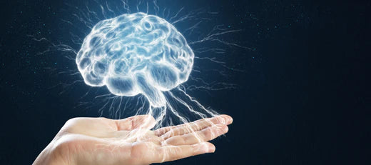 Illustration of a brain with electrical impulses in a person's hand, representing the scientific mechanisms of peptides and their significance