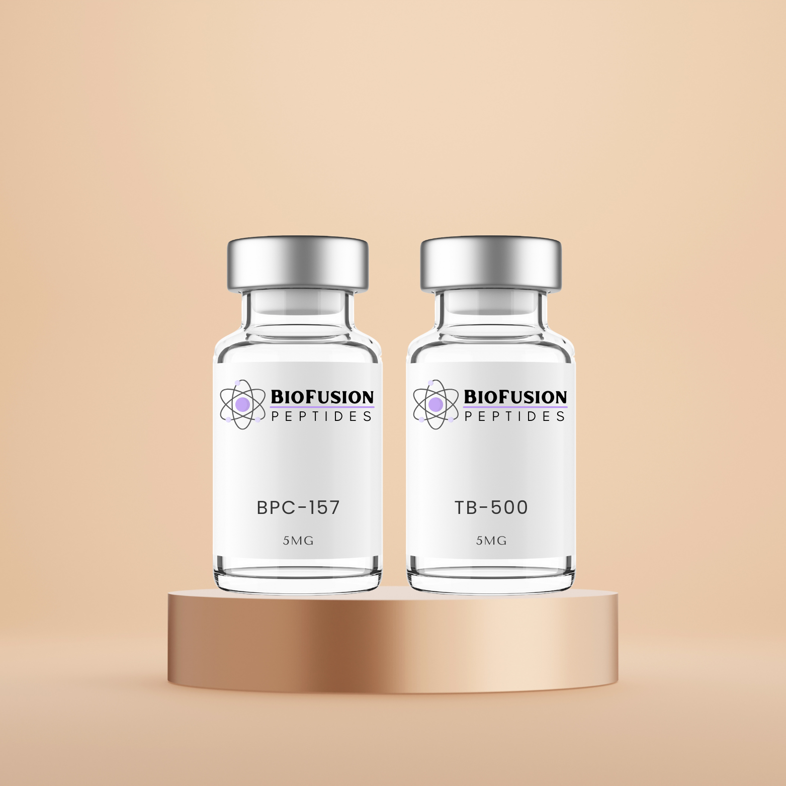 BPC-157 and TB-500 peptide solution vials with Bacteriostatic Water from BioFusion Peptides, displayed on a sleek pedestal. The combination offers advanced tissue repair, accelerated recovery, and inflammation reduction.