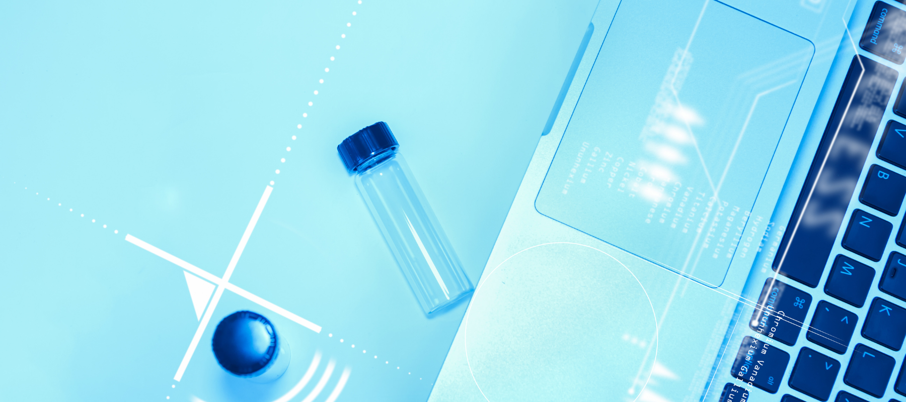 Laboratory vial and digital interface displayed on a futuristic blue background, representing the intersection of research and technology in a secure digital environment