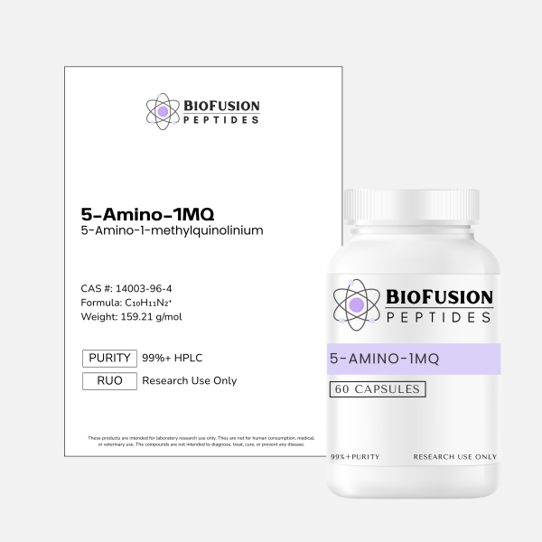 BioFusion Peptides 5-Amino-1MQ capsule bottle on a clean light background, featuring a white label with the BioFusion Peptides logo and standardized design, positioned beside a matching product information card