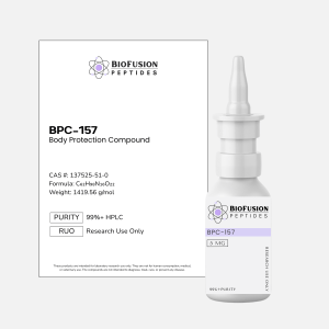 BioFusion Peptides BPC-157 Spray 5MG research spray on a clean light background, featuring a white label with the BioFusion Peptides logo and standardized design, positioned beside a matching product information card