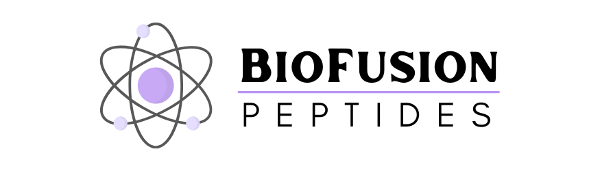 BioFusion Peptides logo featuring an abstract atom design with purple accents