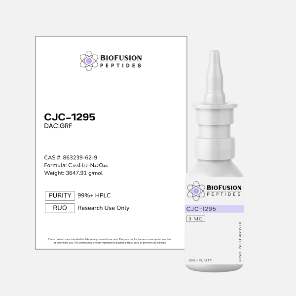 BioFusion Peptides CJC-1295 Spray 5MG research spray on a clean light background, featuring a white label with the BioFusion Peptides logo and standardized design, positioned beside a matching product information card