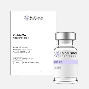 BioFusion Peptides GHK-Cu 50MG research vial on a clean light background, featuring a white label with the BioFusion Peptides logo and standardized design, positioned beside a matching product information card