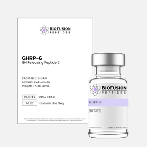 BioFusion Peptides GHRP-6 10MG research vial on a clean light background, featuring a white label with the BioFusion Peptides logo and standardized design, positioned beside a matching product information card