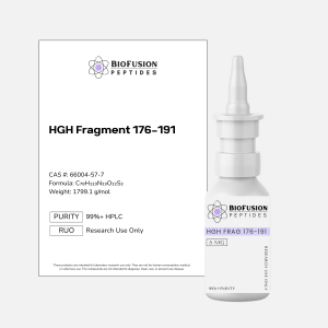 BioFusion Peptides HGH Fragment 176-191 Spray 5MG research spray on a clean light background, featuring a white label with the BioFusion Peptides logo and standardized design, positioned beside a matching product information card