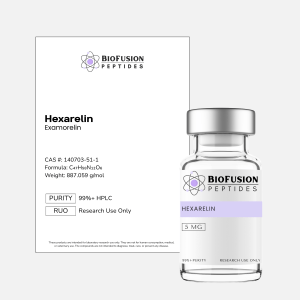 BioFusion Peptides Hexarelin 5MG research vial on a clean light background, featuring a white label with the BioFusion Peptides logo and standardized design, positioned beside a matching product information card