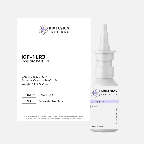 BioFusion Peptides IGF-1 LR3 Spray 1MG research spray on a clean light background, featuring a white label with the BioFusion Peptides logo and standardized design, positioned beside a matching product information card