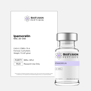 BioFusion Peptides Ipamorelin 5MG research vial on a clean light background, featuring a white label with the BioFusion Peptides logo and standardized design, positioned beside a matching product information card