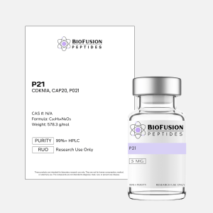 BioFusion Peptides P21 5MG research vial on a clean light background, featuring a white label with the BioFusion Peptides logo and standardized design, positioned beside a matching product information card