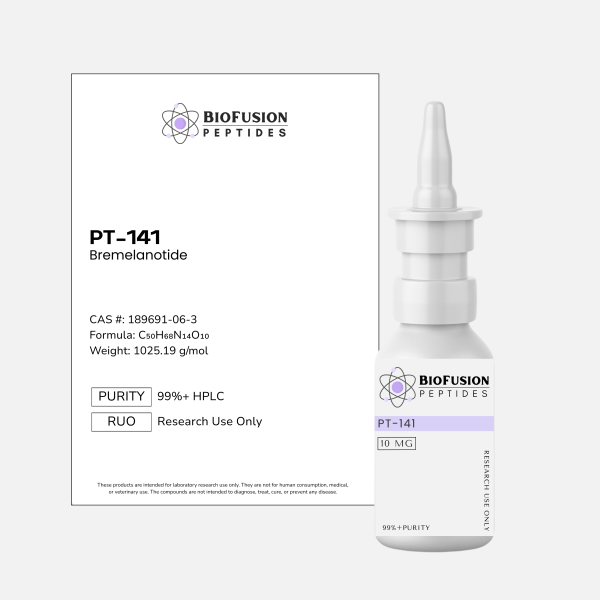 BioFusion Peptides PT-141 Spray 10MG research spray on a clean light background, featuring a white label with the BioFusion Peptides logo and standardized design, positioned beside a matching product information card