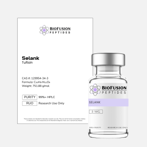 BioFusion Peptides Selank 5MG research vial on a clean light background, featuring a white label with the BioFusion Peptides logo and standardized design, positioned beside a matching product information card