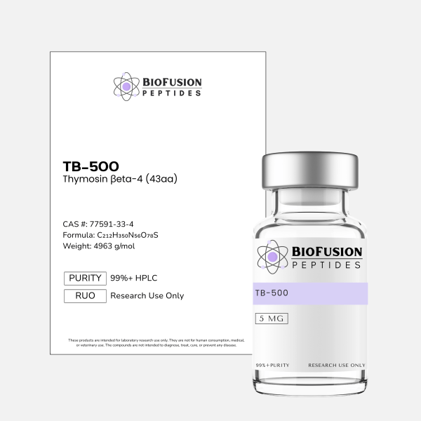 BioFusion Peptides TB-500 5MG research vial on a clean light background, featuring a white label with the BioFusion Peptides logo and standardized design, positioned beside a matching product information card